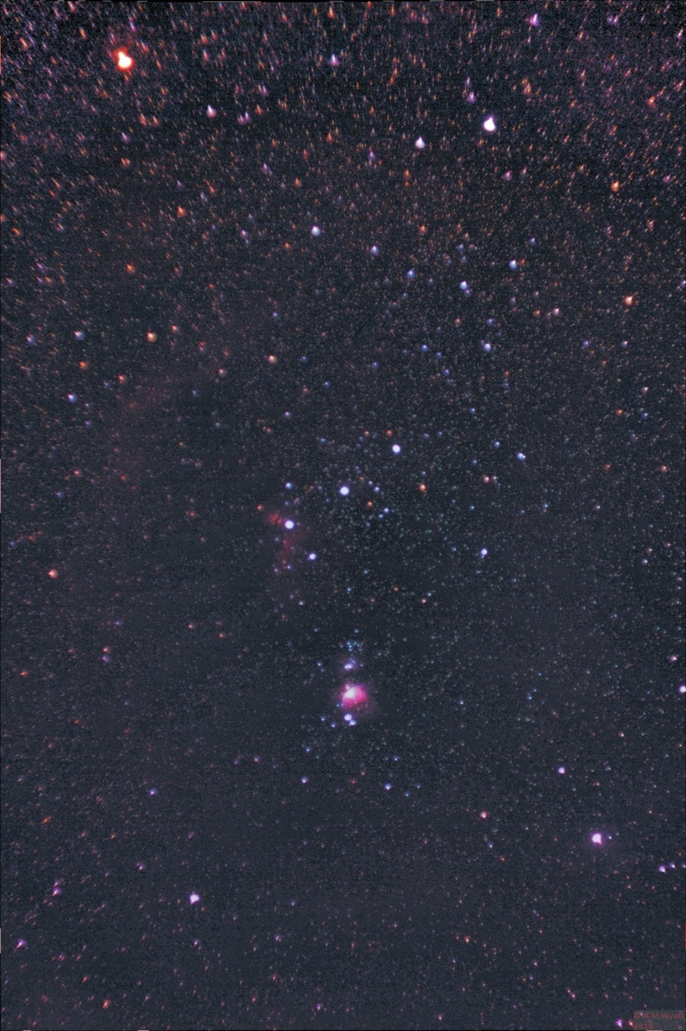 The constellation of Orion showing several nebulas and Barnards Loop